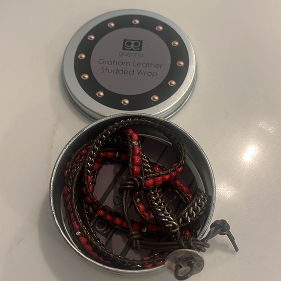 gorjana graham leather studded wrap necklace/bracelet red beads with tin box - Picture 1 of 7